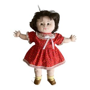 VINTAGE Cloth Handmade Doll Life Size Real Hair Red Floral Dress